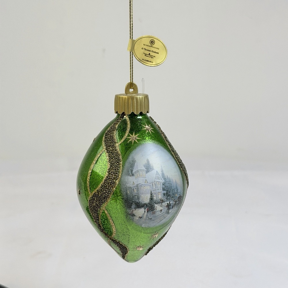 Christmas Tree Glass Bulb Hanging Ornament Thomas Kinkade Snow Scenery Green New